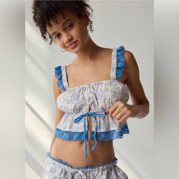 Out From Under Hearts Desire Cropped Babydoll Tank Top NWT Size S - Blue Print - Picture 2 of 6